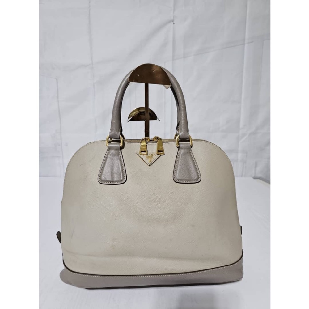 Pre owned  Prada Pomenade Saffiano mediumTwo Tone Leather Dome Satchel Taupe